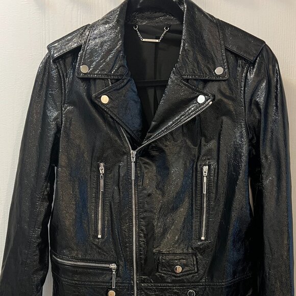 ELIE TAHARI Jacalyn Patent Leather Moto Jacket In Black - Picture 1 of 6